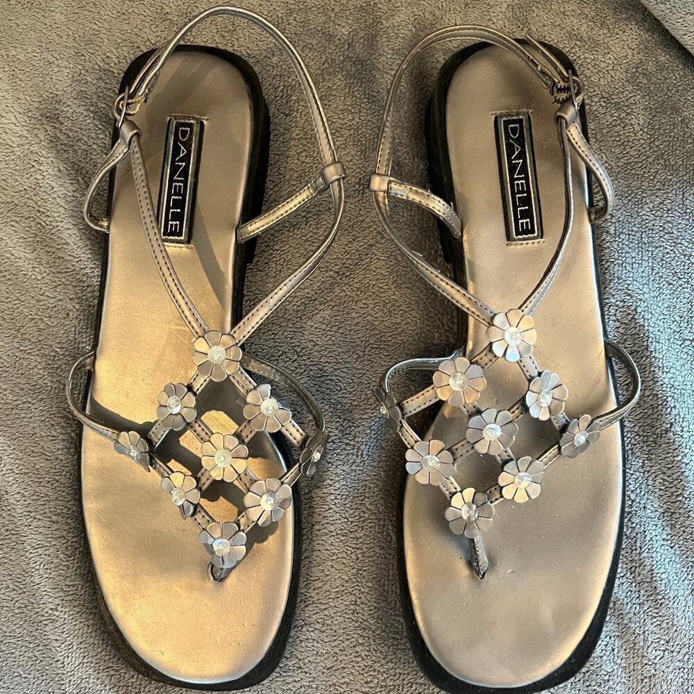 Danelle Strappy Bronzed "Essence" Sandals W/floral Decor, Size 8M